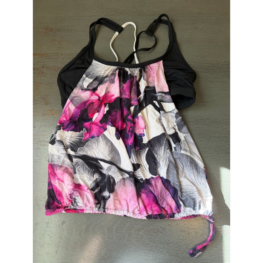 Calia by Carrie Underwood Floral Blouson Tankini Top Pink Black White Medium